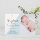 Invitation Bleu Blanc Or Baptême bébé garçon photo (Debout devant)