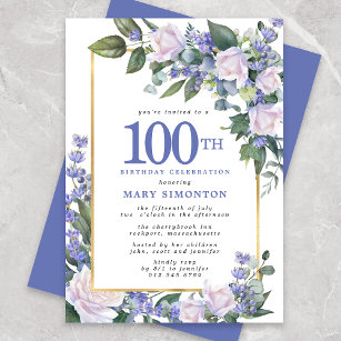 Invitation Bleu Blanc Or Floral 100e anniversaire