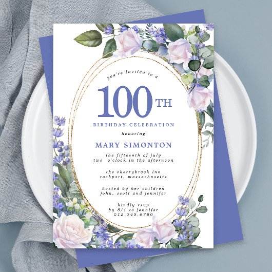 Invitation Bleu Blanc Or Floral 100e anniversaire