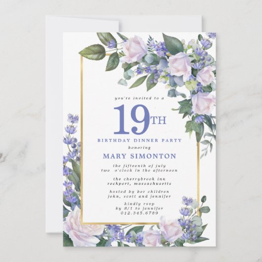 Invitation Bleu Blanc Or Floral 19e Dîner d'anniversaire (Devant)
