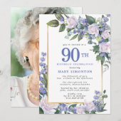 Invitation Bleu blanc or floral photo 90e anniversaire (Devant / Derrière)