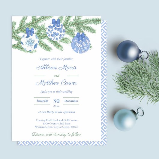 Invitation Bleu Blanc Ornements Fir Arbre Mariage