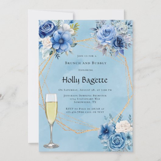 Invitation Bleu blanc Peony Rose Brunch et Bubbly (Devant)