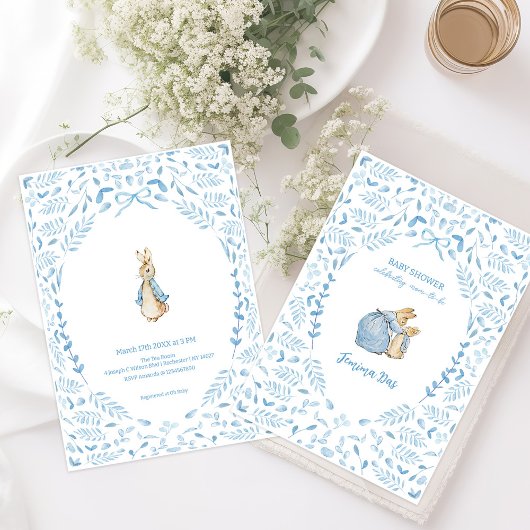 Invitation Bleu blanc Pierre le lapin Baby shower Beatrix
