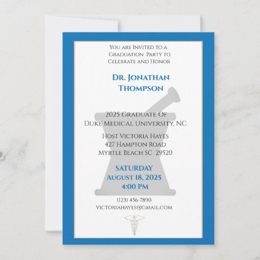Invitation Bleu blanc pilon de mortier Pharmacy Graduation (Devant)