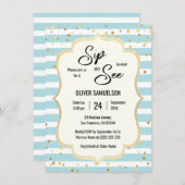 Invitation Bleu Blanc rayures Or Black BÉBÉ SIP et VOIR (Devant / Derrière)