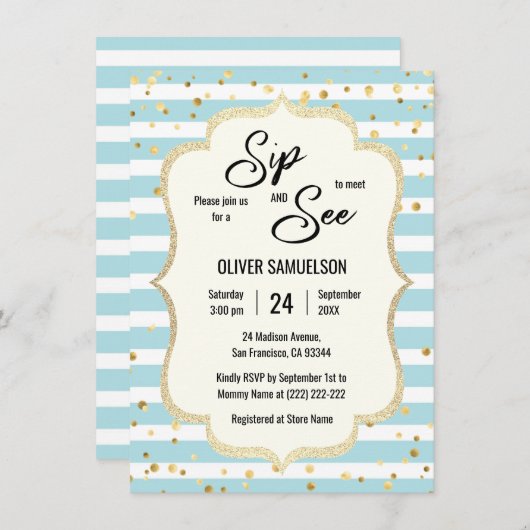 Invitation Bleu Blanc rayures Or Black BÉBÉ SIP et VOIR (Devant / Derrière)