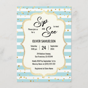 Invitation Bleu Blanc rayures Or Black BÉBÉ SIP et VOIR