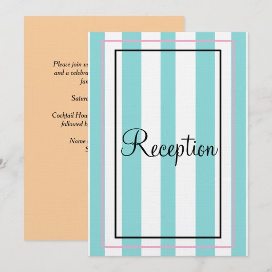 Invitation Bleu Blanc Rose Beige Monogramme Rayures Réception (Devant / Derrière)