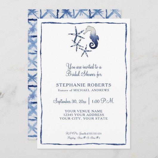 Invitation Bleu blanc Shibori Seahorse Starfish Beach Bride (Devant / Derrière)