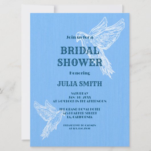 Invitation Bleu Blanc Simple Elégant Oiseau | FÊTE DES MARIÉE (Devant)