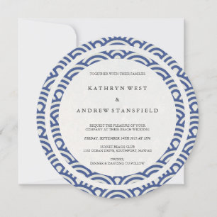 Invitation Bleu + Blanc Stylisé Vagues Elégante Plage Mariage