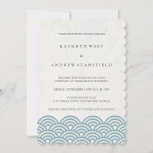 Invitation Bleu + Blanc Stylisé Vagues Elégante Plage Mariage