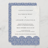 Invitation Bleu + Blanc Stylisé Vagues Elégante Plage Mariage (Devant / Derrière)