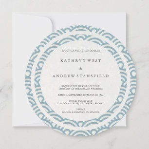 Invitation Bleu + Blanc Stylisé Vagues Elégante Plage Mariage