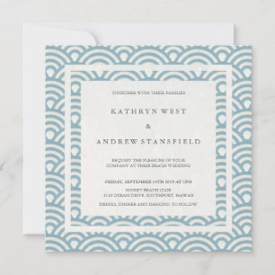 Invitation Bleu + Blanc Stylisé Vagues Elégante Plage Mariage