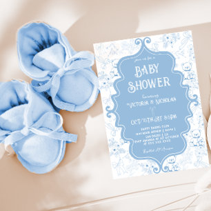 Invitation Bleu Blanc Toile Bow Ours Bébé Garçon Douche