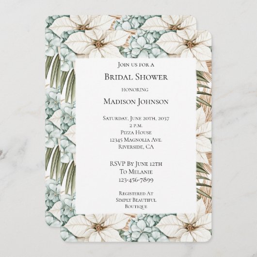 Invitation Bleu Blanc Tropical Hydrangea Fête des mariées flo (Devant / Derrière)