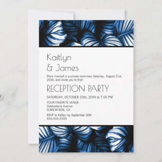 Invitation Bleu Blanc Tropical Palm Réception de mariage (Devant)