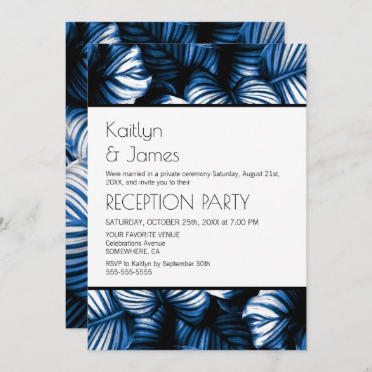 Invitation Bleu Blanc Tropical Palm Réception de mariage (Devant / Derrière)