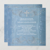 Invitation Bleu Blancs Élégant Bébé Garçon Christening (Devant / Derrière)