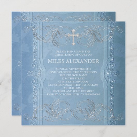 Invitation Bleu Blancs Élégant Bébé Garçon Christening (Devant / Derrière)