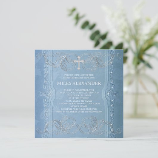 Invitation Bleu Blancs Élégant Bébé Garçon Christening (Debout devant)
