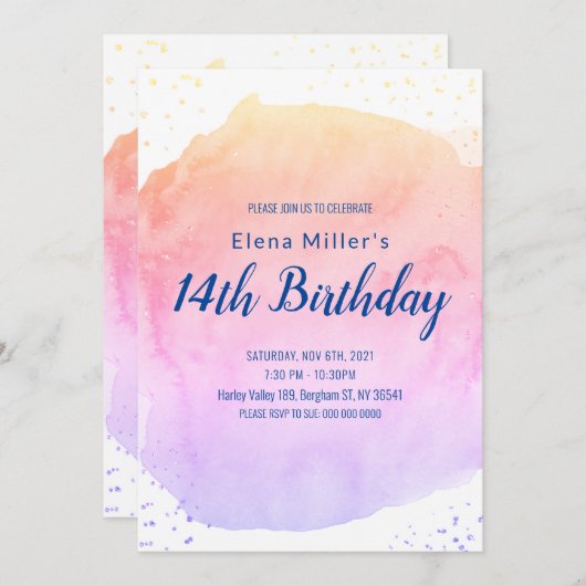 Invitation Bleu bleu aquarelle trait or parties scintillant i (Devant / Derrière)