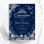 Invitation Bleu bleu Argent Rose papillons Quinceanera