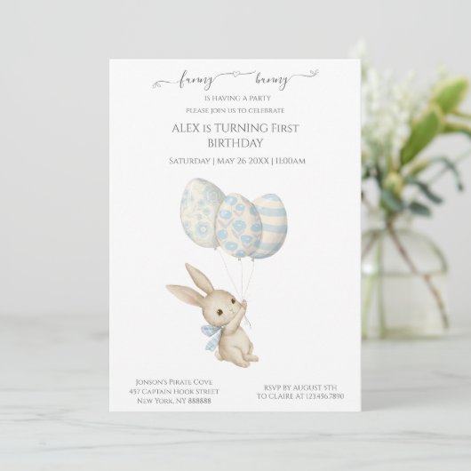 Invitation Bleu Bleu Bébé mignon Anniversaire (Debout devant)