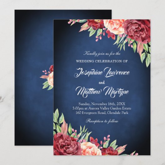 Invitation Bleu bleu Bourgogne Bleu Élégant Mariage floral (Devant / Derrière)