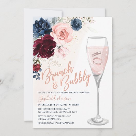 Invitation Bleu bleu Bourgogne Blush Floral Brunch et Bubbly (Devant)