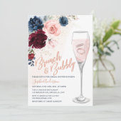 Invitation Bleu bleu Bourgogne Blush Floral Brunch et Bubbly (Debout devant)