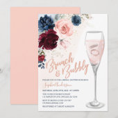 Invitation Bleu bleu Bourgogne Blush Floral Brunch et Bubbly (Devant / Derrière)