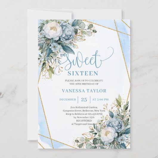 Invitation Bleu bleu clair classique floral doux 16 invitatio (Devant)