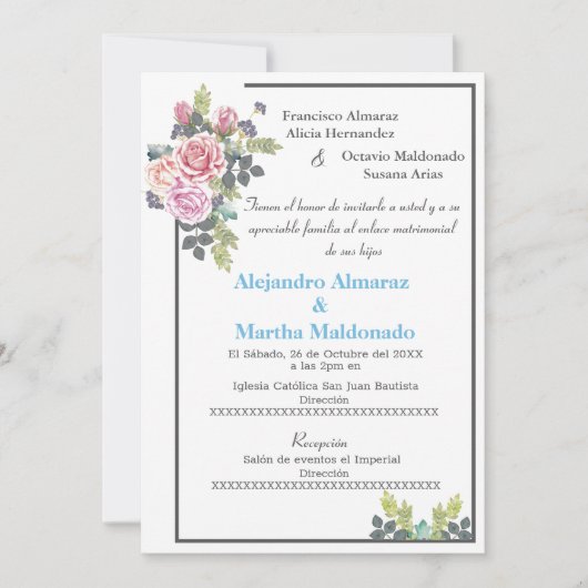 Invitation Bleu bleu floral mariage (Devant)