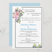 Invitation Bleu bleu floral mariage (Devant / Derrière)