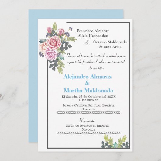 Invitation Bleu bleu floral mariage (Devant / Derrière)