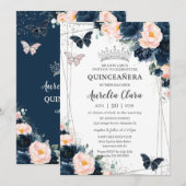 Invitation Bleu bleu Floral Papillons Quinceañera (Devant / Derrière)