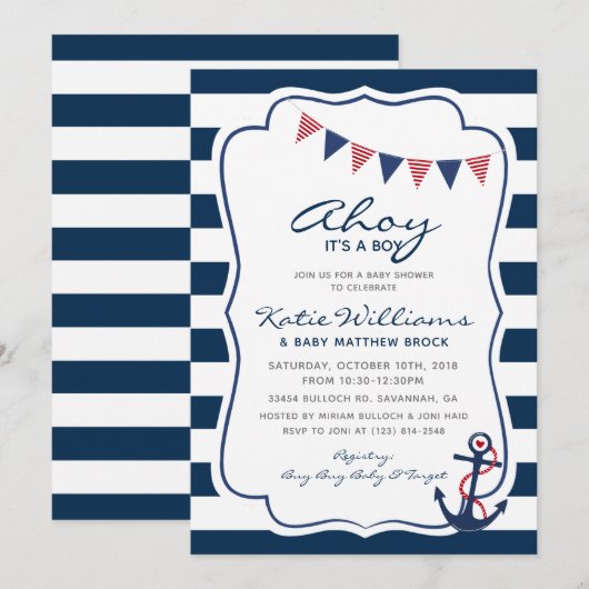 Invitation Bleu bleu marine Ancre Baby shower garçon (Devant / Derrière)