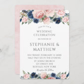 Invitation Bleu bleu marine Aquarelle Peony Mariage (Devant / Derrière)