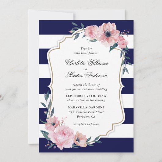 Invitation Bleu bleu marine bleu brun Mariage floral (Devant)