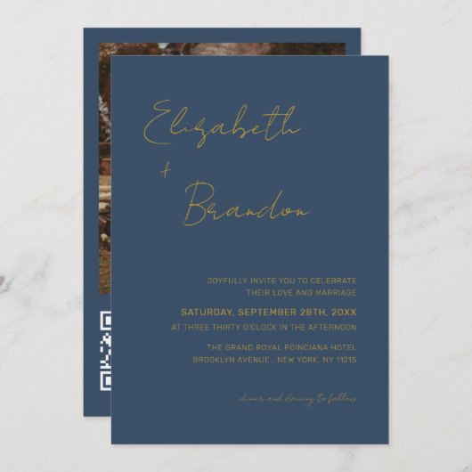 Invitation Bleu bleu marine Code QR RSVP Mariage photo (Devant / Derrière)