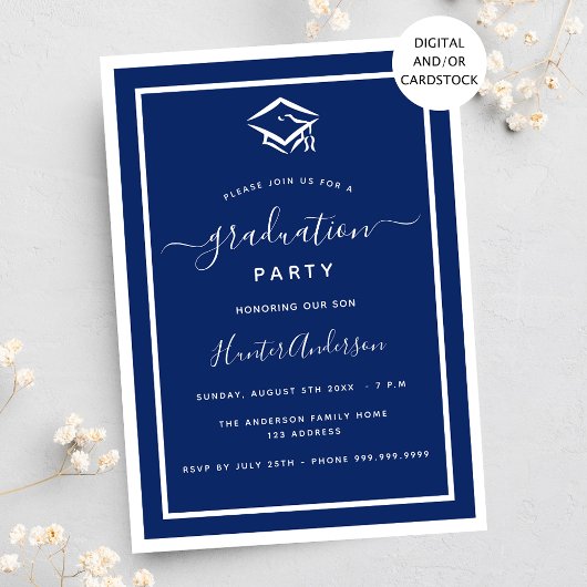 Invitation Bleu bleu marine fête de graduation