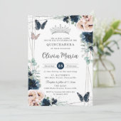 Invitation Bleu bleu marine Papillons floraux Quinceañera (Debout devant)