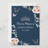 Invitation Bleu bleu marine Papillons floraux Quinceañera (Dos)