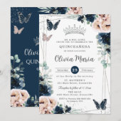 Invitation Bleu bleu marine Papillons floraux Quinceañera (Devant / Derrière)