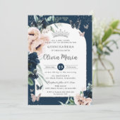 Invitation Bleu bleu marine Papillons floraux Quinceañera (Debout devant)