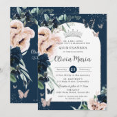 Invitation Bleu bleu marine Papillons floraux Quinceañera (Devant / Derrière)