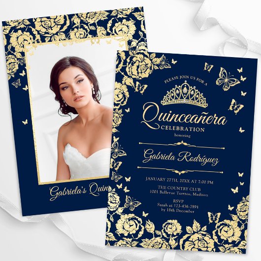 Invitation Bleu bleu Rose papillons Quinceanera Photo